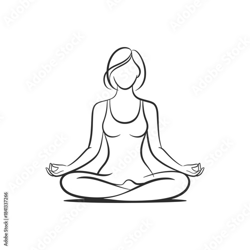 A minimalist line art illustration depicts a serene woman meditating in a tranquil lotus pose