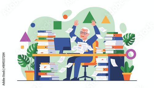 Stressed elderly man overwhelmed by mountains of paperwork at his office desk Business burnout