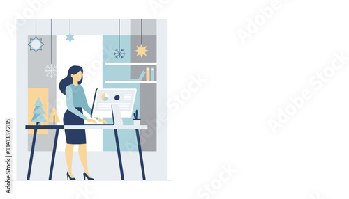 Businesswoman working on computer in office decorated for winter holidays