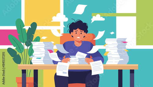 Stressed worker buried under massive paperwork deadline crisis