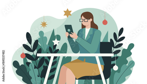 Professional woman using phone at a festive desk among plants