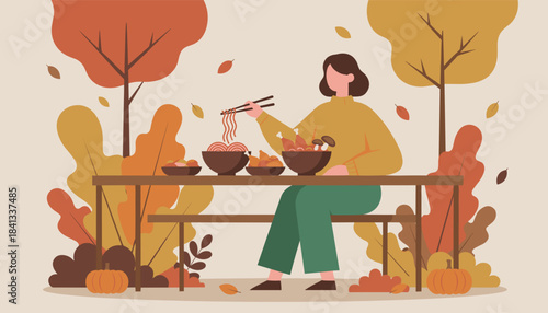 Cozy autumn meal vector Woman enjoys fall dining with noodles and harvest food