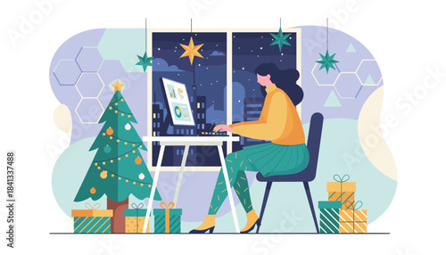 Businesswoman working late in festive home office during Christmas holidays Seasonal deadline concept