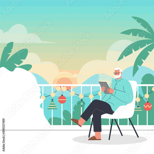 Senior man relaxing on a tropical balcony reading on a digital tablet at sunset