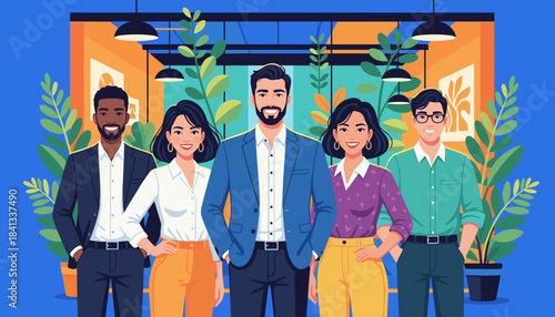 Diverse team of smiling business professionals in a modern plantfilled office Collaboration and success