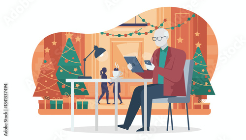 Man using tablet and phone in a festive caf blending digital work with the Christmas holiday season