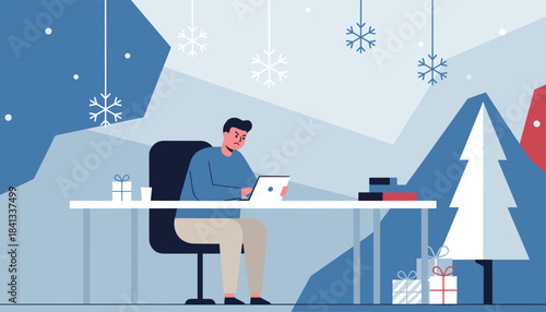 Stressed employee working during the winter holidays Flat illustration of seasonal pressure