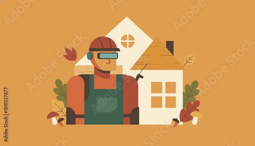 Technician wearing safety gear fixing a house surrounded by autumn foliage
