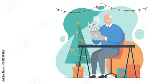 Upset elderly man struggles with technology and social media on a tablet during the Christmas holidays