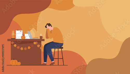 Man overwhelmed by work and deadlines in autumn Seasonal burnout and stress illustration