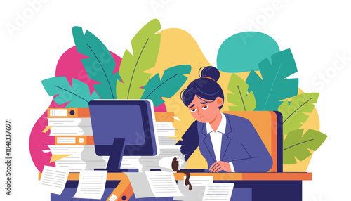 Burnout Stressed employee overwhelmed by excessive workload files and spilled coffee