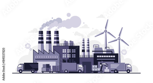 Industrial factory production complex with shipping trucks smokestacks and wind turbines Logistics and energy