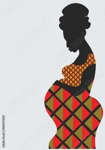 Silhouette of a pregnant young African woman in a dress with a bright repeating pattern of orange, yellow, and black stripes. Use in advertising fashionable maternity wear, vector illustration. Vector