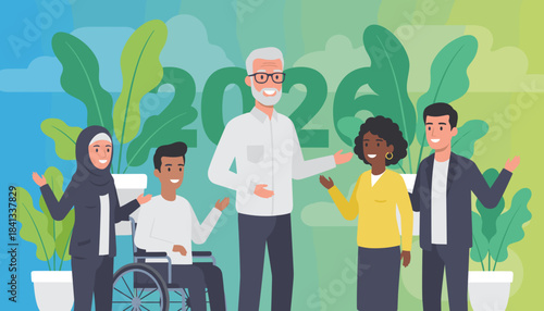 Diverse team welcoming 2026 Inclusion sustainability and collaboration concept illustration