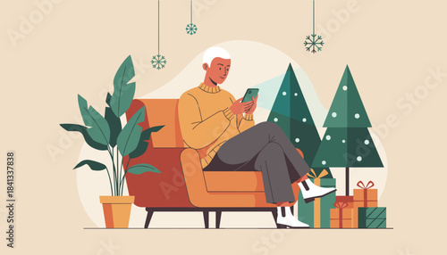 Cozy holiday relaxation Man uses smartphone next to Christmas trees and presents at home