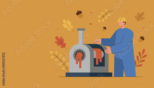 Industrial worker operating machinery in an autumn processing setting Manufacturing concept