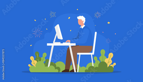 Retired man working remotely on a PC celebrating success with confetti and fireworks outdoors