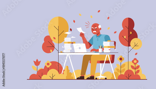 Stress and burnout concept Angry office worker overwhelmed by deadlines and documents