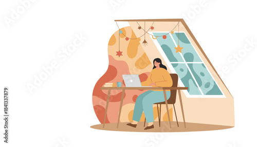 Remote work Woman using laptop at desk in cozy modern attic home office illustration