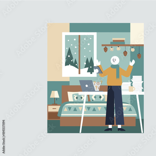 Stressful remote work in winter Frustrated person struggles with WFH tasks and technology