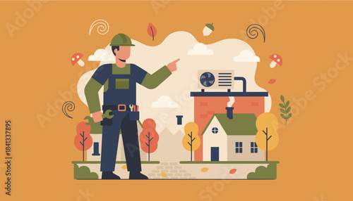 Technician services residential HVAC unit in autumn Home repair heating ventilation and air conditioning