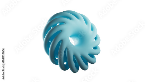 3D render of a blue abstract spiral torus knot. Futuristic geometric graphic. Isolated object with a transparent background (PNG). Angled perspective view