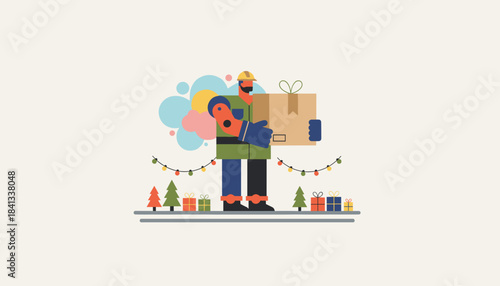 Worker delivers large gift box during Christmas season Festive shipping and commerce illustration