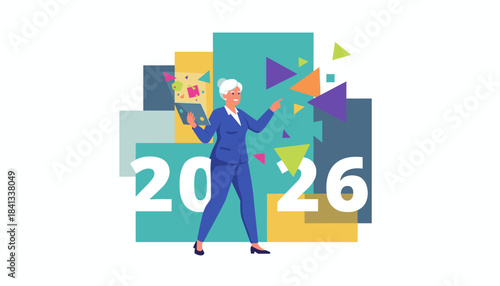 Successful senior leader projects 2026 goals using technology in a vibrant geometric design