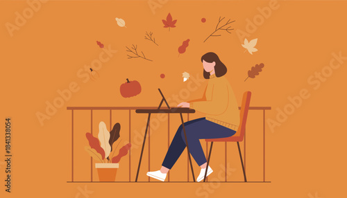 Woman works remotely on balcony in cozy autumn setting with pumpkins and falling leaves