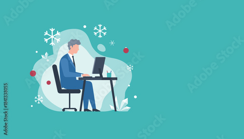 Professional businessman working at his office desk surrounded by winter holiday decorations Vector illustration