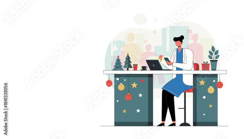 Professional woman working on smartphone and laptop at holiday decorated desk