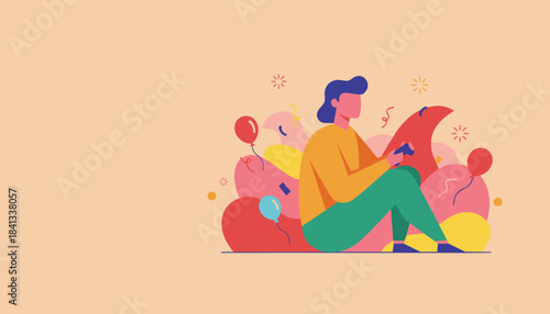 Modern illustration of a person playing video games during a celebration with colorful balloons