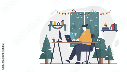 Cozy remote work setup during winter holidays Flat illustration of a person using a laptop