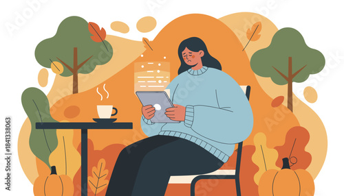 Woman looking sad while viewing tablet outdoors in autumn dealing with online issues or stress