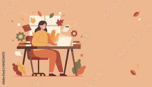 Happy woman working on laptop at home office during cozy autumn or fall season Remote work concept