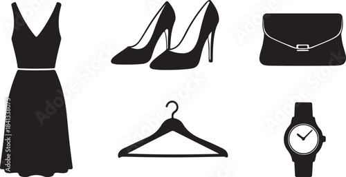 Fashion and accessory icons in silhouette dress gown