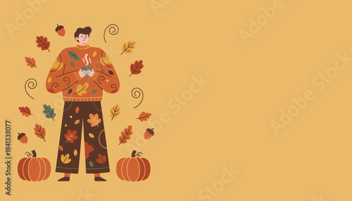 Fall season illustration Man in warm sweater holding coffee with leaves and pumpkins