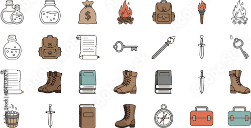 Fantasy adventure game icons with potions and equipment