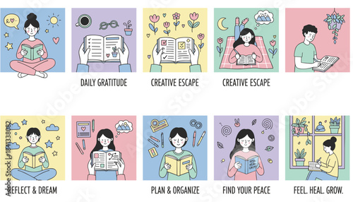 Cartoon grid illustrating selfcare habits journaling reading planning organization and finding peace