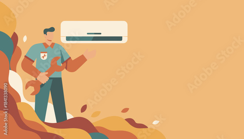 Professional AC technician holding a wrench next to an indoor cooling unit Home repair service concept