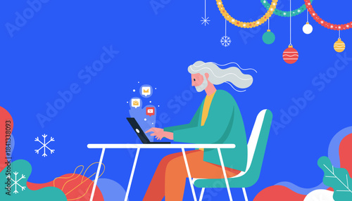 Busy senior person checks emails on a laptop during the festive winter holiday season