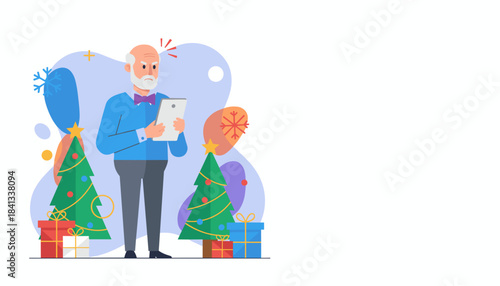 Confused senior man struggles with tablet technology while surrounded by Christmas decorations and gifts