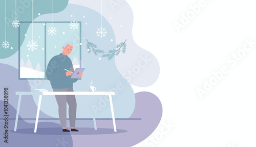 Creative senior man working remotely on a tablet in a cozy winterthemed home office