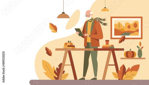 Elderly man reading a tablet indoors during autumn Cozy retirement lifestyle concept
