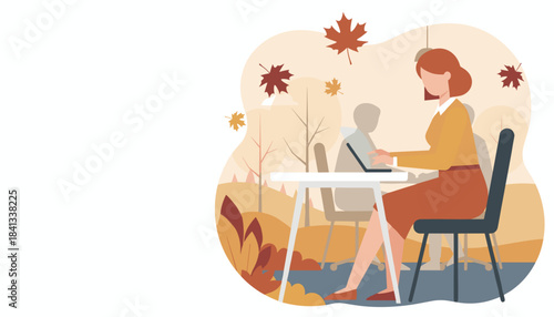 Professional woman using laptop in a cozy autumn park setting Freelance and remote work concept