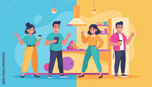 Team collaboration and discussion in a colorful modern kitchen setting Flat vector illustration