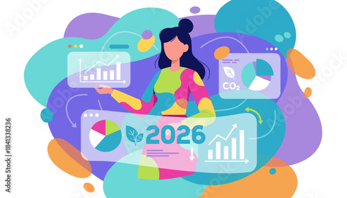 Woman presenting digital graphs and CO2 metrics for future business planning and sustainability