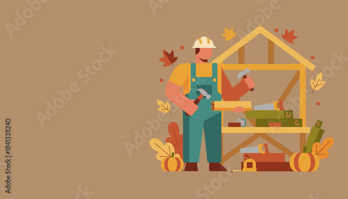 Carpenter building a wood structure among autumn leaves Home construction and renovation concept