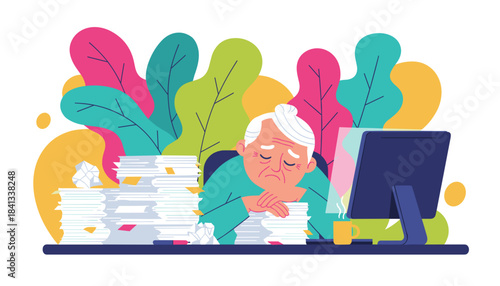 Exhausted senior worker sleeps on mountains of paperwork at an office desk Burnout and stress