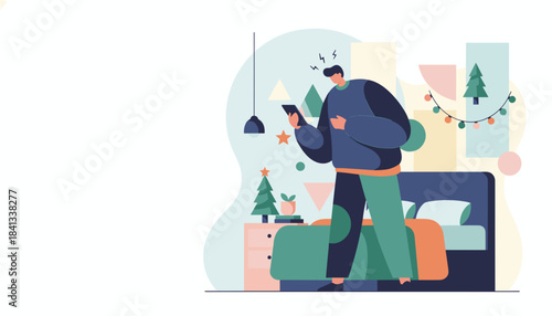 Stressed man holding smartphone in a festive room dealing with connection issues or bad news